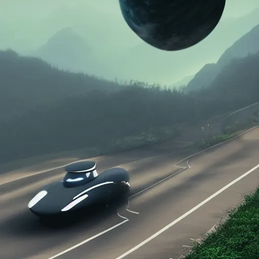 Image similar to a spherical car driving down the road with t - rex dancing behind it, smoky, green hills, many interstellar plants, futuristic concept design, atmospheric landscape, digital art, unreal engine, 8 k, cinematic level.