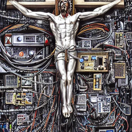 Image similar to a man crucified on a cybernetic sci - fi cross, full of computer elements and cables, symbolic, intricate, hyperdetailed, religious, painting, cyberpunk