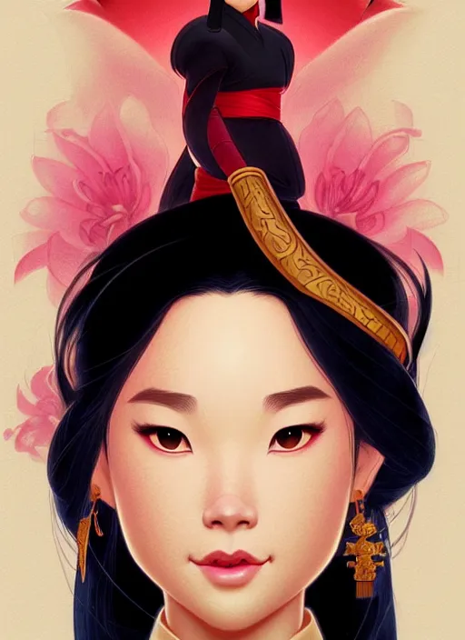 Image similar to portrait of disney mulan, intricate, elegant, highly detailed, my rendition, digital painting, artstation, concept art, smooth, sharp focus, illustration, art by artgerm and greg rutkowski and alphonse mucha and uang guangjian and gil elvgren and sachin teng, symmetry!!