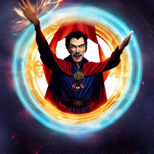 Image similar to dr strange summoning himself into a portal inside of a sandwich high atop a space mountain resort, highly detailed, photorealistic, artstation