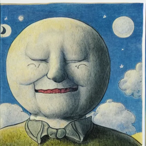 Prompt: cresent moon man smiling portrait, surrounded by clouds, landscape, illustrated by peggy fortnum and beatrix potter and sir john tenniel