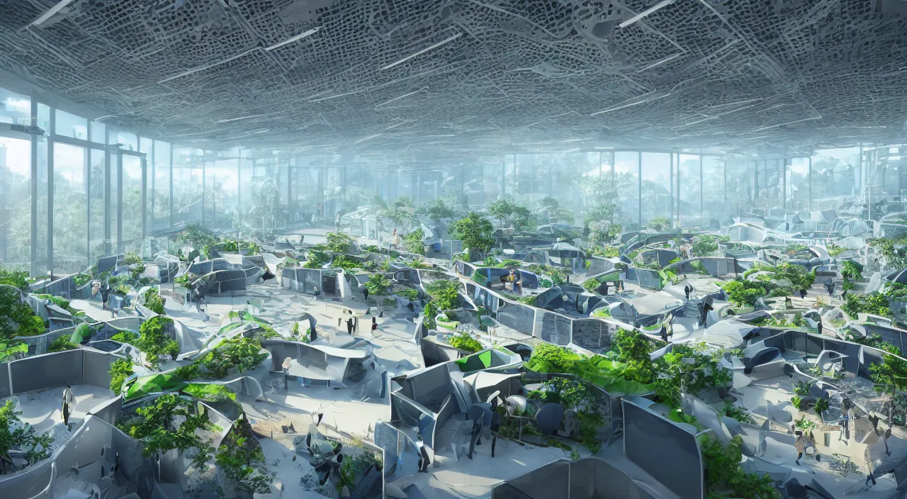 Image similar to futuristic open office with parks and plants, glowing computer screens, bright with large windows and voluminous light and light rays, extremely intricate, very detailed, artstation, octane render, warm color highlights, cinematic lighting