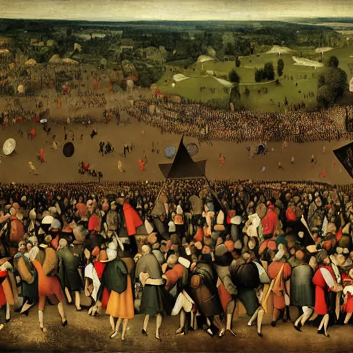 Prompt: a crowded glastonbury music festival by Pieter Bruegel the Elder