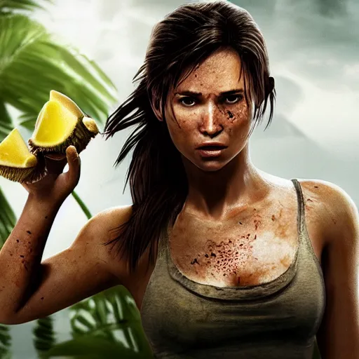 Prompt: Lara croft eating durian, cinematic, ads photo