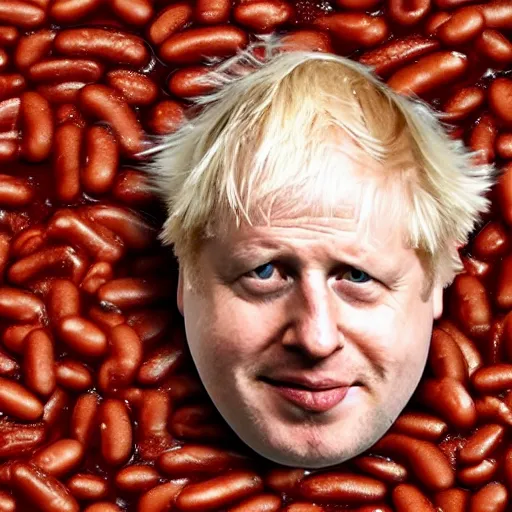 Image similar to Boris Johnson sitting in a bathtub full of baked beans, photograph