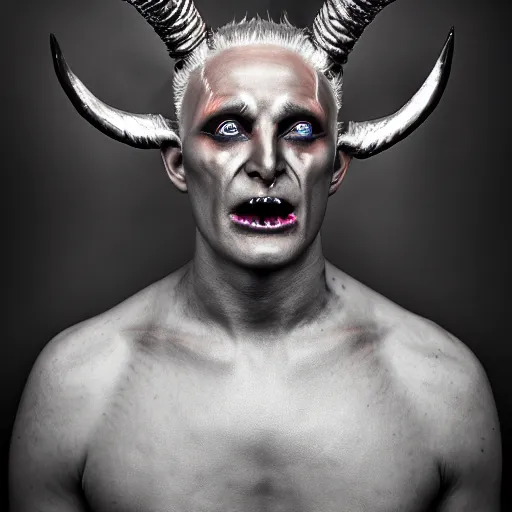 Image similar to photorealistic, iso - 4 0 0, canon eos 5 d mark iv, shot on 7 0 mm, portrait of male archangel bellringer with colloidal silver skin makeup, from lexx by lee jeffries and platon, flames halo ring over head, demonic, horns, fangs, nd 4, perfect studio lighting