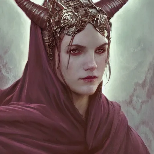 Image similar to masterpiece portrait of a clothed hooded surly and resentful female tiefling thief with horns under the hood, by Greg Rutkowski and John Collier and Krenz Cushart and Artem Demura and Alphonse Mucha and Albert Aublet, as seen on ArtStation, 4k, dungeons and dragons, very aesthetic, very detailed, intricate, unreal, fantasy, dramatic, painterly, artstation, sharp focus, smooth