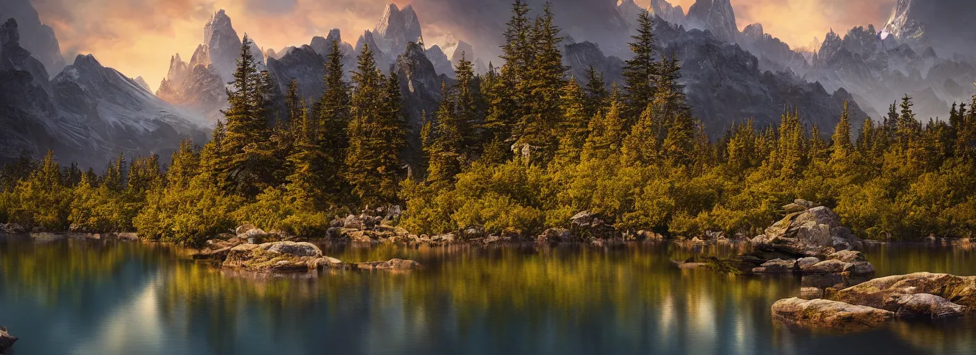 Image similar to photograph of mountains with a lake in front of them, trees on the side, rocks in foreground by marc adamus, highly detailed, intricate detail, cinematic lighting