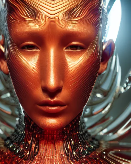 Prompt: a highly detailed metahuman 8 k close up render of bella hadid in iris van herpen dress in style of alex grey trending on artstation made in unreal engine 4