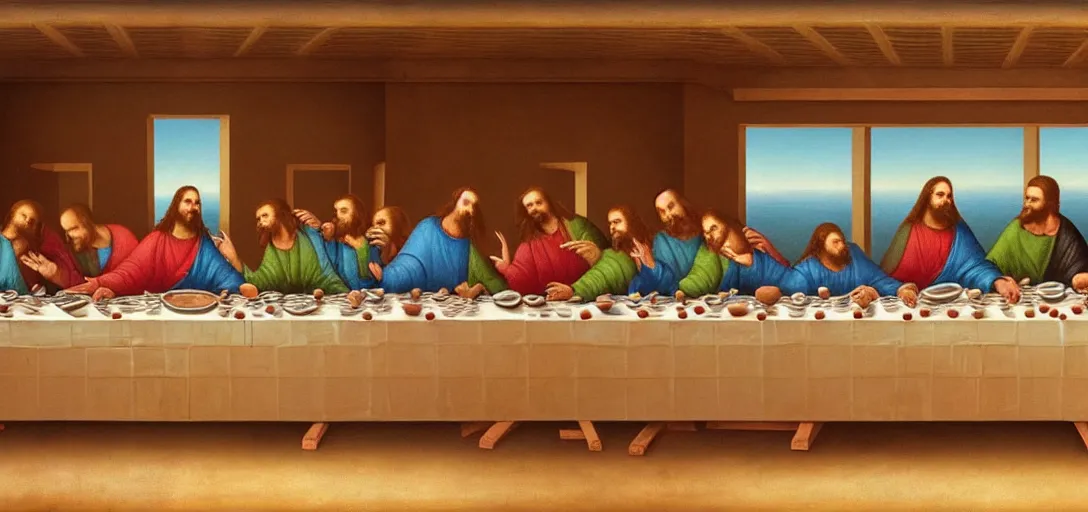 Prompt: a surreal painting of the last supper on the surface of mars