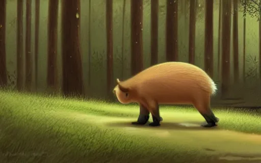 Prompt: a young girl with her pet capybara walking through the forest, raining, side view, art by hayao miyazaki, studio ghibli film, 4k, hi res, high detail