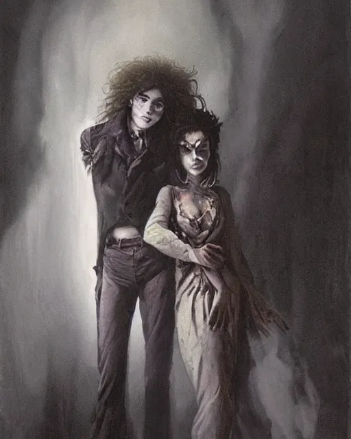 Image similar to two handsome but sinister, creepy young nonbinary people in layers of fear, with haunted eyes and wild hair, 1 9 7 0 s, seventies, wallpaper, a little blood, moonlight showing injuries, delicate embellishments, painterly, offset printing technique, by john howe, brom, robert henri, walter popp