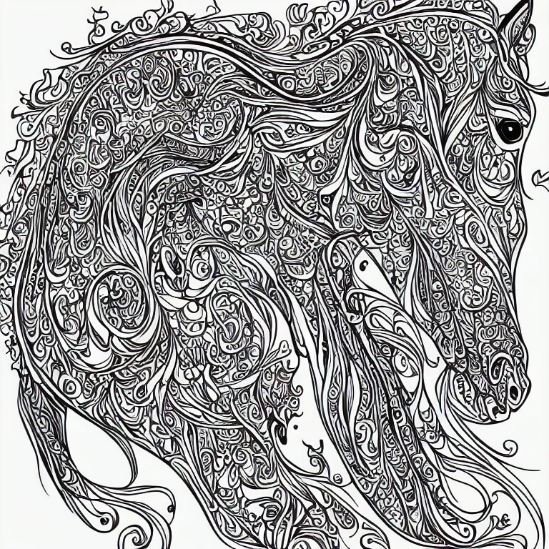 Prompt: beautiful horse, ornamental, fractal, ink draw, line art, vector, outline, simplified
