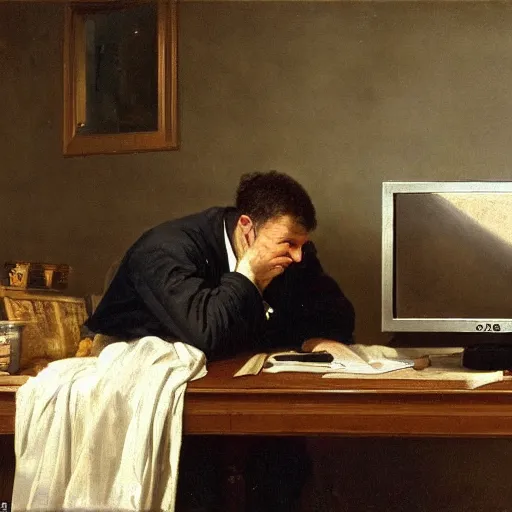 Prompt: an angry man yells at his computer monitor, oil on canvas, 1 8 8 3, highly detailed