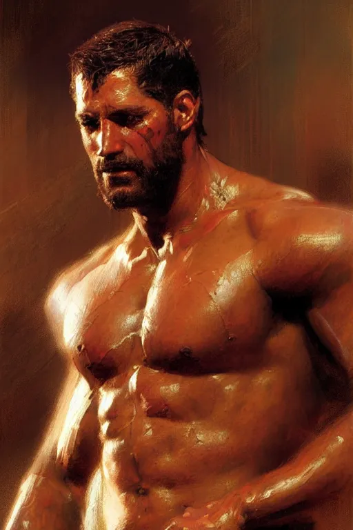 Image similar to Gladiator, muscular, detailed face, correct face, painting by Gaston Bussiere, Craig Mullins