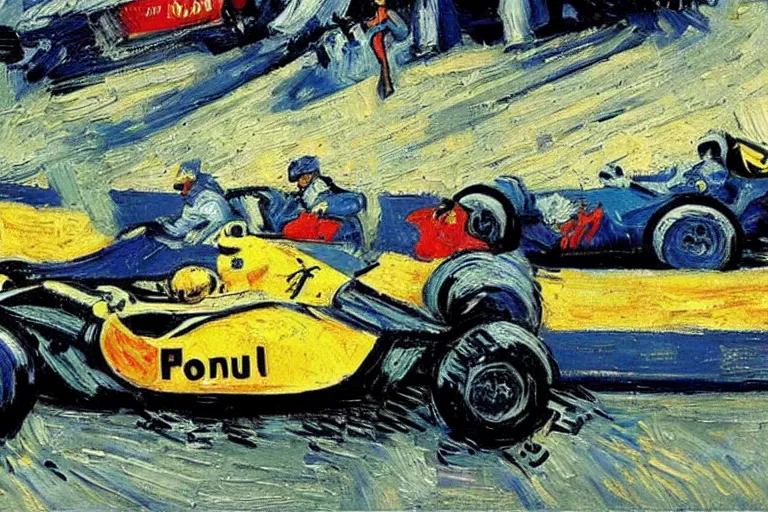 Image similar to formula 1 racing as painted by van gogh, detailed, wet brush, poster art