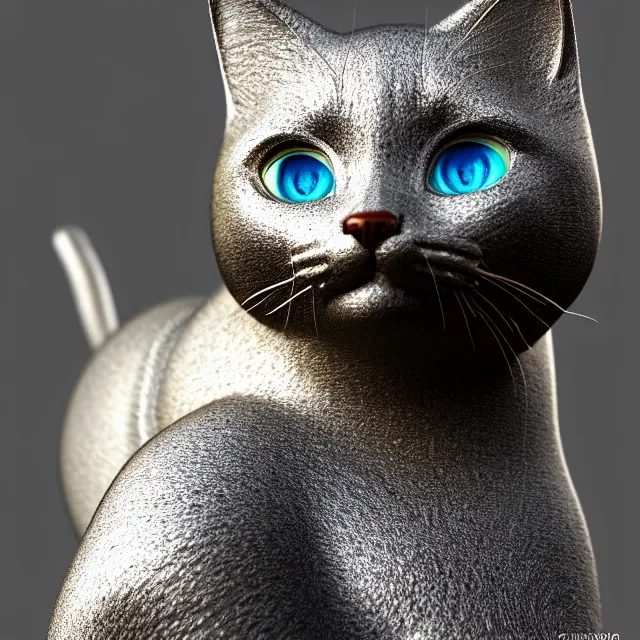 Image similar to chrome statue cat, highly detailed, 4 k, hdr, smooth, sharp focus, high resolution, award - winning photo, boris valejo, photorealistic