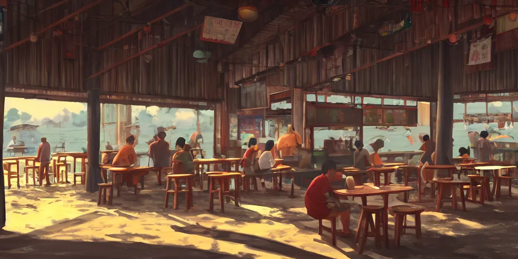 Image similar to interior of a kopitiam at pulau indah fishing village, near a jetty, early morning, detailed matte painting, low angle view, telephoto lens, bokeh, studio ghibli, artstation