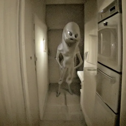 Image similar to trail cam photo of a grey alien in your kitchen at night