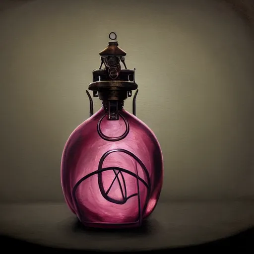 Prompt: a painting of a steampunk dark pink hart shaped poisonous potion bottle in a dark dusty vintage science lab, by h. r. giger, hyperrealistic fantasy art, concept matte, ethereal, dreamy, digital art, trending on artstation, volumetric cinematic lighting