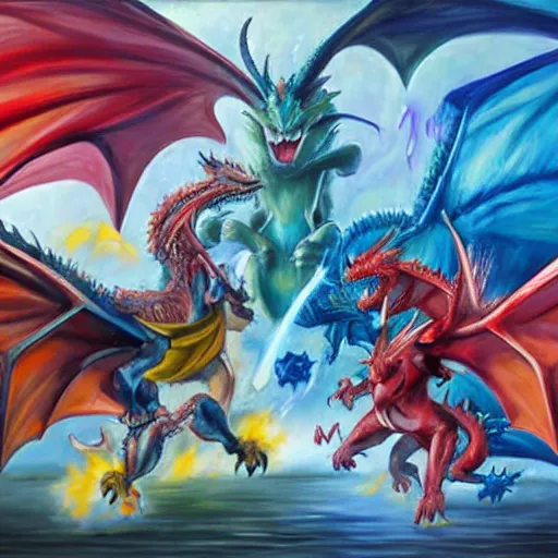 Image similar to pokemon fight a dragon. oil painting. large scale. highly detailed.