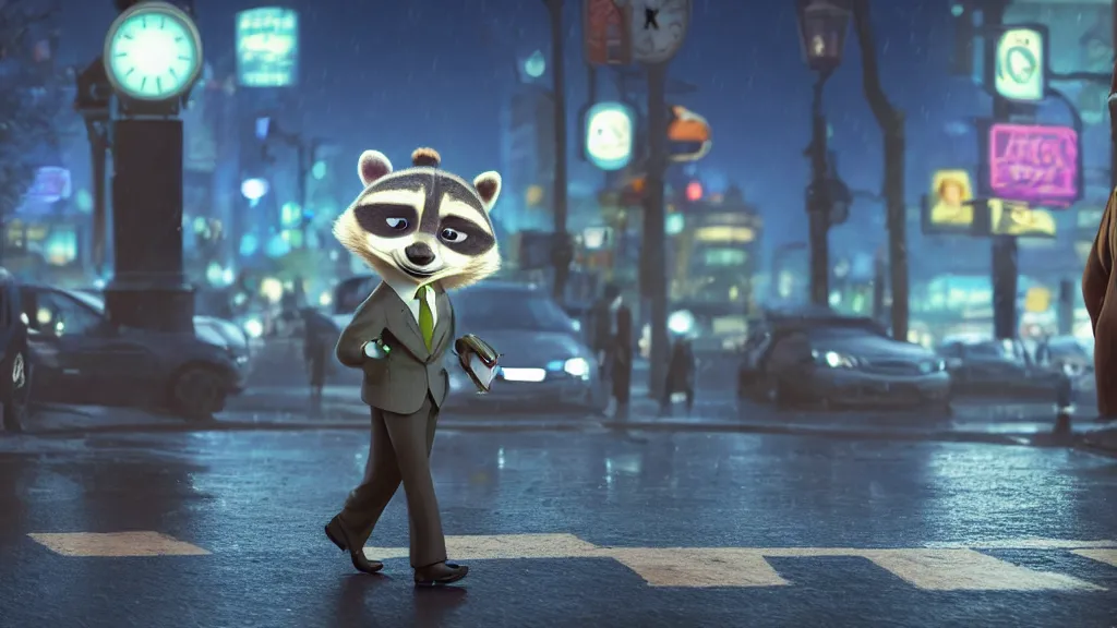 Image similar to A cute anthropomorphic raccoon businessman is walking down a busy crosswalk at in the rain at night, cold lighting with an blue glow coating the cityscape from the city lights, zootopia, other anthropomorphic characters are walking by him, extremely detailed, HDR, sideview, solemn and moody, many cars and animal people in the background, detailed face and eyes, large eyes with visible pupils, the road is wet with many rain puddles, reflections from the water on the ground, he is carrying a black briefcase, depressing feelings, sadness, expressive face