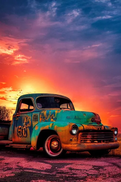 Image similar to a sunset light landscape with historical route 6 6, lots of sparkling details and sun ray ’ s, blinding backlight, smoke, volumetric lighting, colorful, octane, 3 5 mm, abandoned gas station, old rusty pickup - truck, beautiful epic colored reflections, very colorful heavenly, softlight