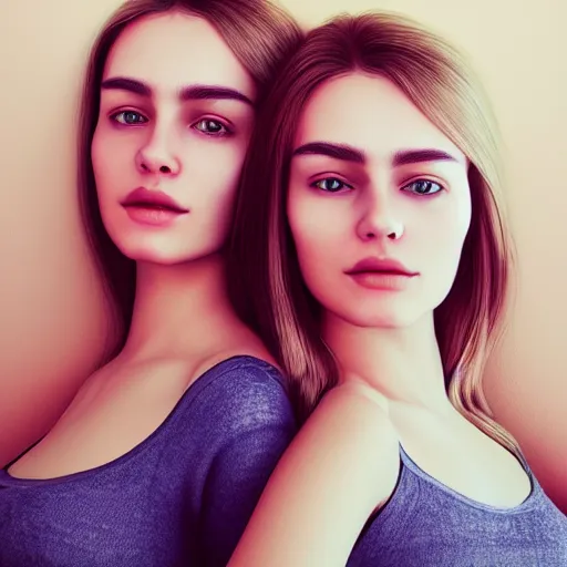 Image similar to intricate beautiful hyperreal portrait of identical twin women, smiling softly, casual clothes, relaxing on the couch, home interior, golden hour, close up shot, 8 k, art by irakli nadar, hyperrealism, hyperdetailed, ultra realistic