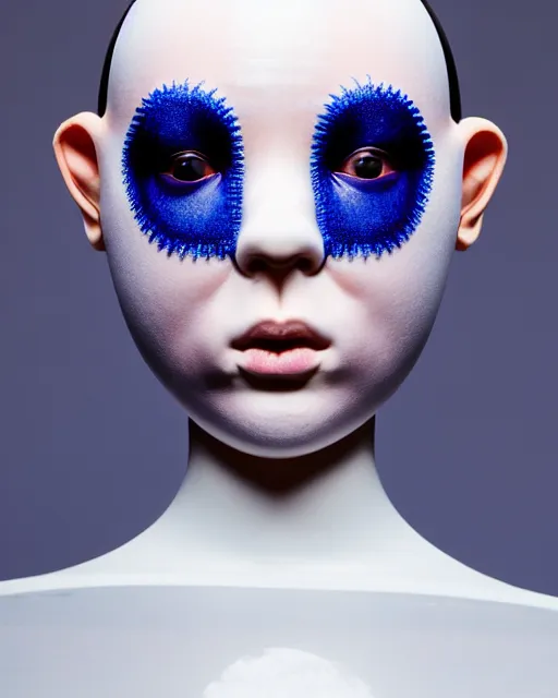 Prompt: symmetrical portrait of a woman wearing a embroidered translucent silicone beauty mask and deep blue hair buns, wearing a black bodysuit by alexander mcqueen, cream white background, soft diffused light, biotechnology, humanoide robot, bjork aesthetic, translucent, by rineke dijkstra, intricate details, highly detailed, masterpiece,