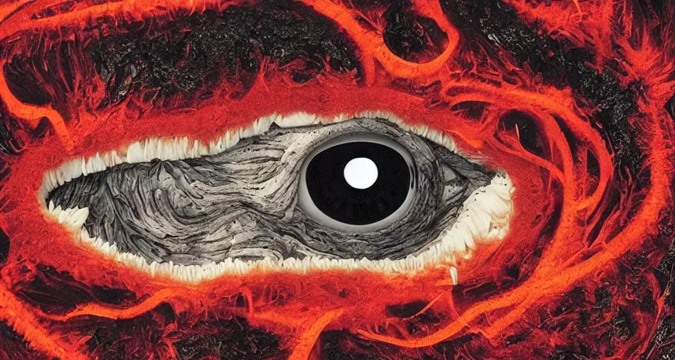 Image similar to a volcano made of ivory vines and crimson rocks enters in eruption, it spits a smoke in the shape of demonic eye, by Jhonen Vasquez