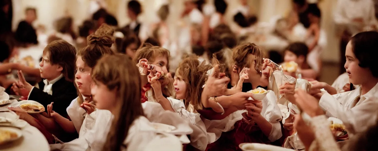 Image similar to young people eating spaghetti at a cotillion dance, fancy outfits, high detailed face, facial expression, small details, intricate, canon 5 0 mm, high detail, intricate, cinematic lighting, photography, wes anderson, film, kodachrome