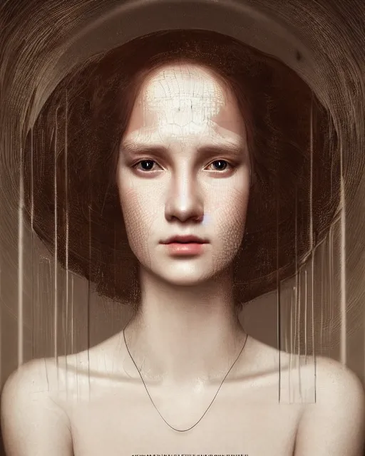 Image similar to stunning close up editorial portrait of a woman, symmetrical face, sci-fi skin, official prada editorial, beautiful pre-raphaelite portrait by charlie bowater, by Hendrik Kerstens, by Zhang Jingna, by norman rockwell, highly detailed