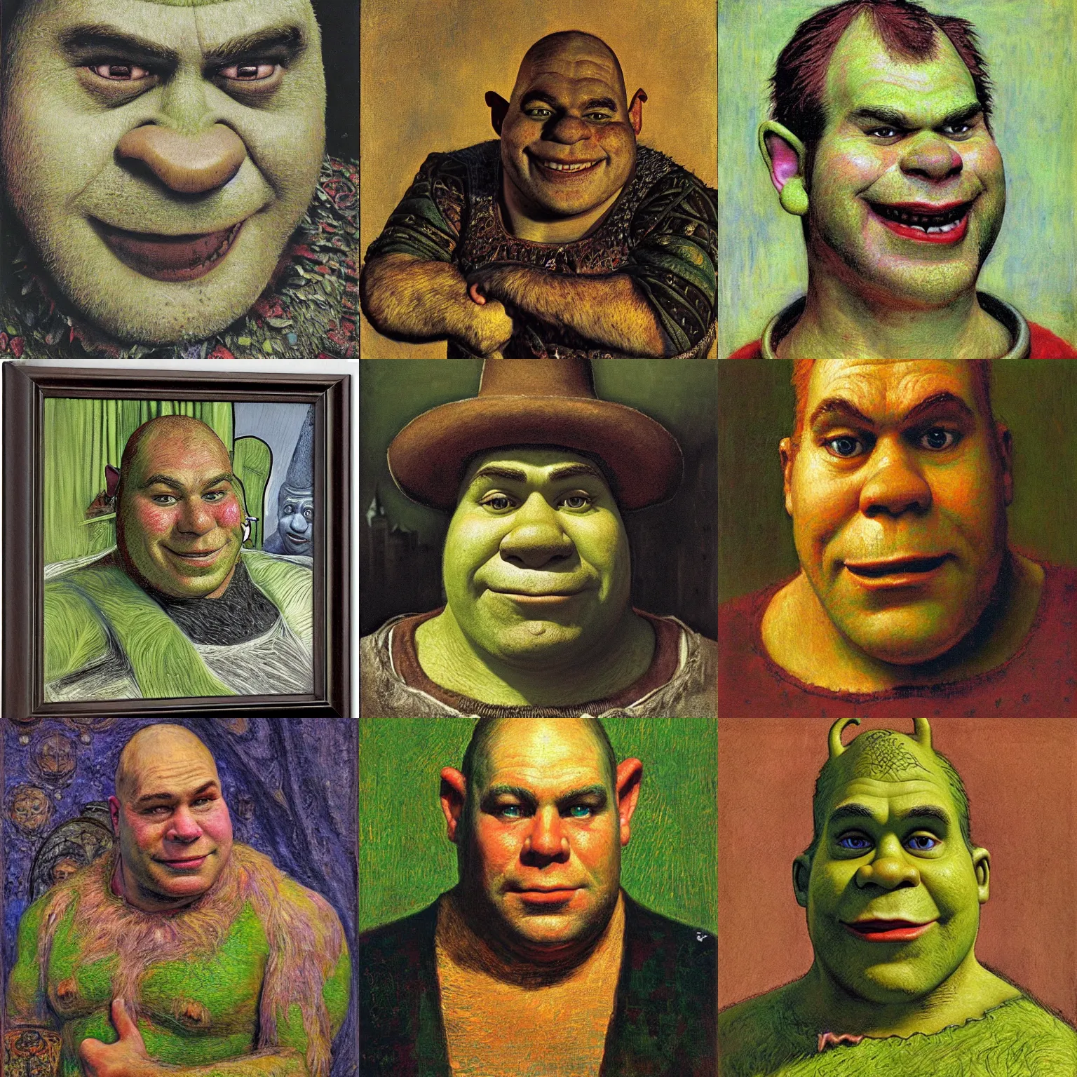 Prompt: a portrait of Shrek by Hans Baluschek