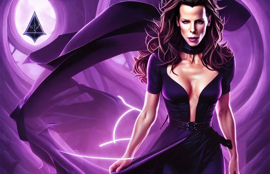 Image similar to kate beckinsdale comic cover art, artgerm, joshua middleton, pretty stella maeve witch doing black magic, serious look, purple dress, symmetrical eyes, symmetrical face, long black hair, full body, twisted evil dark forest in the background, cool colors