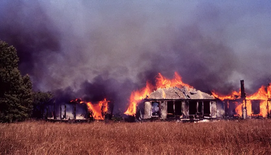 Image similar to 1 9 7 0 s movie still of a burning french village's house in a field, cinestill 8 0 0 t 3 5 mm, high quality, heavy grain, high detail, texture, dramatic light, ultra wide lens, panoramic anamorphic, hyperrealistic