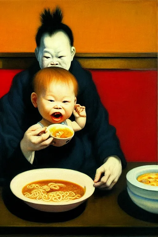 Image similar to evil human giant baby eating a huge bowl of ramen in new york city, traditional chinese restaurant, hauntingly surreal, highly detailed painting by francis bacon, edward hopper, adrian ghenie, gerhard richter, and james jean soft light 4 k,