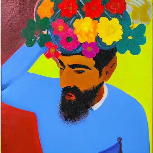 Image similar to man pouring water on head, flowers are in a pot on his head, the pot is part of his head, abstract expressionism, oil on canvas