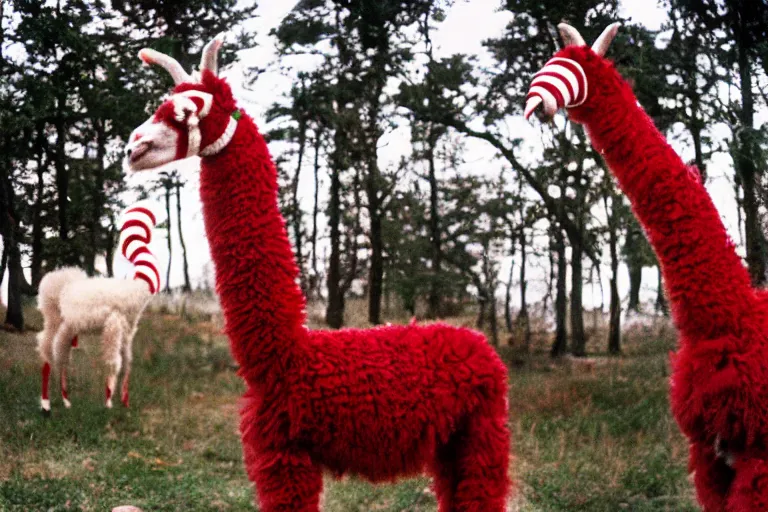 Prompt: a photo of a giant mutant candy cane llama in its natural habitat, kodak ektachrome e 1 0 0 photography