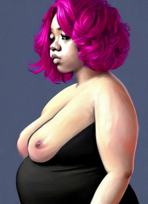 Prompt: full body portrait, teenage vanessa morgan, pink hair, obese, curly pixie hair, sultry, realistic, short hair, hoop earrings, skirt, shirt, fat, belly, black girl, intricate, elegant, highly detailed, digital painting, artstation, concept art, smooth, sharp focus, illustration, art by wlop, mars ravelo and greg rutkowski