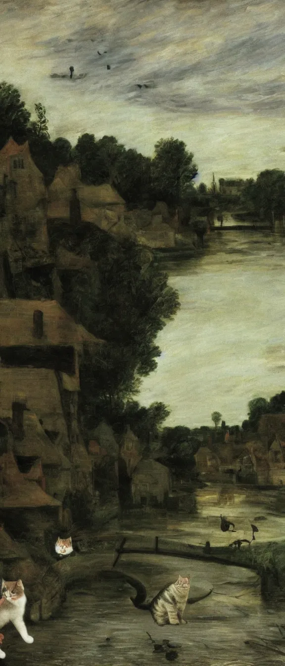 Prompt: a cat with white and black fur floating over a river at dusk, low exposure, painting by john constable, pieter brueghel, dynamic lighting, beautiful render,