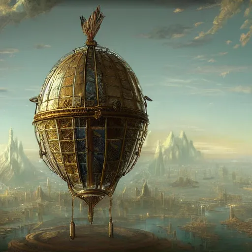 Image similar to enormous flying city in a faberge egg, sky, steampunk, fantasy art, masterpiece, hugh ferriss, unreal engine, andreas achenbach cloudy background, latticework