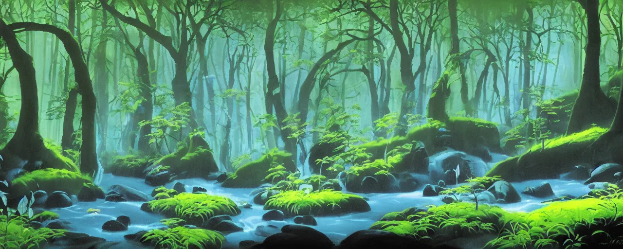 Image similar to deep forest, small rainbow river waterfall, light shimmering, water mists, big medium and small stones, wild flowers, subtle color variantions, summer rain, gentle mists, a white robed benevolent magician clothed in a royal garment in contemplation and meditation casts a benevolent white magic spell, by Eyvind Earle and Mary Blair