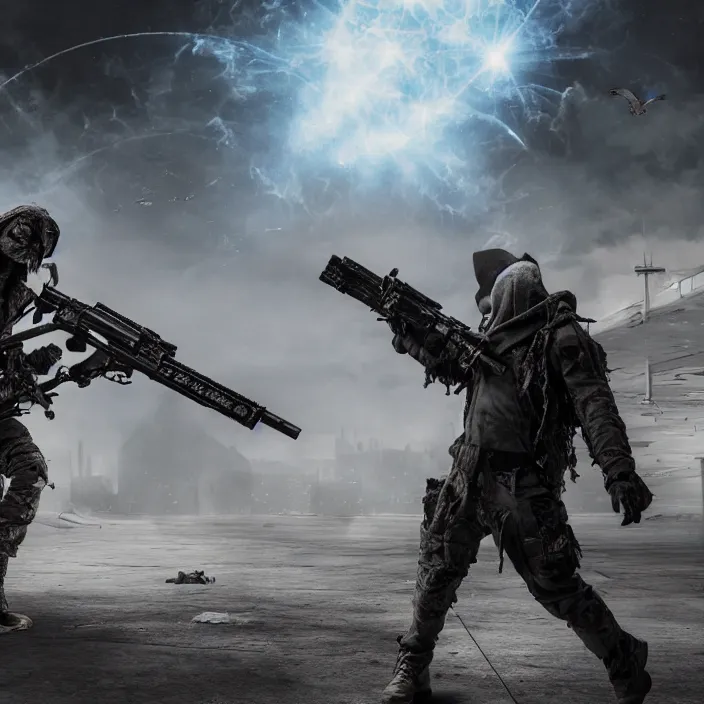 Image similar to gritty hooded apocalyptic man firing laser - rifle in destroyed airport, hyper - detailed, smooth, sharp focus, 4 k ultra hd, fantasy dark art, apocalyptic art