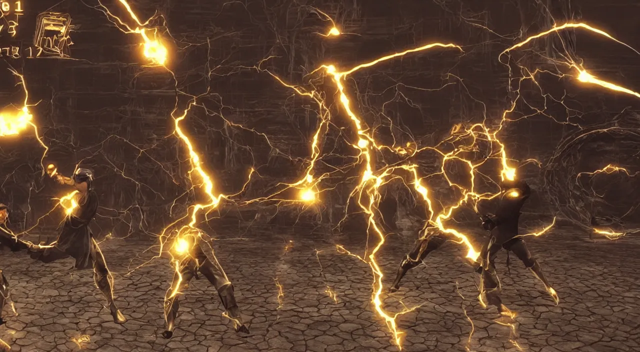 Image similar to nikola tesla vs thomas edison in a screenshot from the mortal kombat videogame