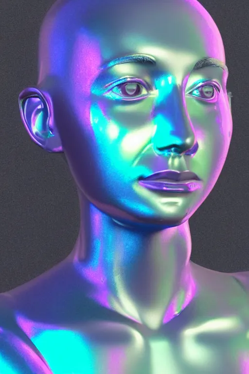Image similar to 3d render of holographic human robotic bust made of glossy iridescent, bust, surrealistic 3d illustration of a human non-binary, non binary model, 3d model human, cryengine, made of holographic texture, holographic material, holographic rainbow, concept of cyborg and artificial intelligence