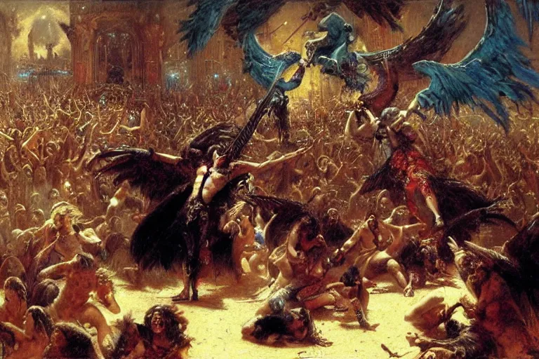 Prompt: punk rock paradise lost, lucifer playing guitar in pandemonium to a crowd of fallen angels. art by gaston bussiere.