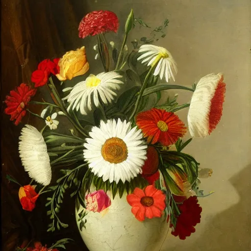 Prompt: a still life of a vase of flowers. the vase should be made of glass and the flowers should be a mix of roses daisies and lilies.