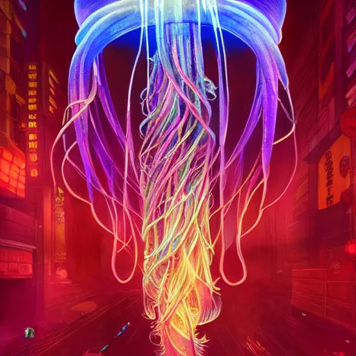 Prompt: neon jellyfish in tokyo, intricate, highly detailed, digital painting, trending on artstation, concept art, smooth, sharp focus, illustration, unreal engine 5, 8 k, art by artgerm and greg rutkowski and alphonse mucha