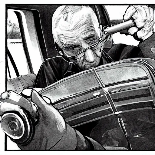 Prompt: old man in car holding gun, gta v art