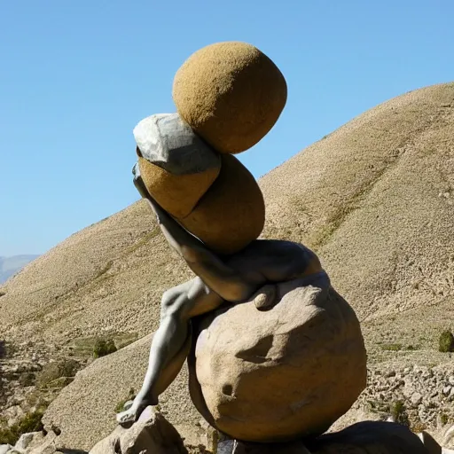 Image similar to sisyphus and the eternal boulder statue but with covid molecule instead of a boulder